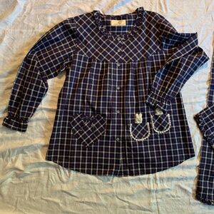 Noble Woman pajama set, size large, blue plaid with bunny appliqué and lace
